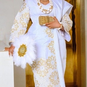 White African Women Apparel, Aso Oke, Beads, Wedding Dress, African Women&#39;s Kaftan, Women&#39;s Wear Fashion, Embroidery Buba and Iro.