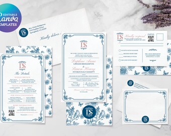 May include: A collection of wedding stationery with a blue and white floral design. The set includes invitations, RSVP cards, detail cards, and envelopes. The text includes the names of the couple, wedding details, and the phrase "Kindly respond."