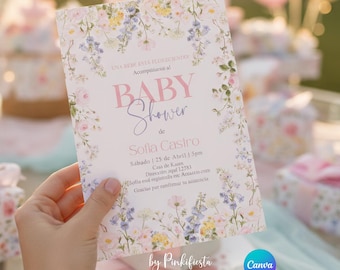 Spring Baby Shower Invitation in Spanish: Canva Editable template (Digital Download)