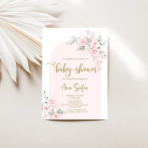 Spaanse Baby Shower Girl roze blos bloemen Uitnodiging, Invitación de flores rosas para Baby Shower en Español
