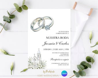 Wedding Invitation in Spanish: Silver rings Canva Template (Digital Template)