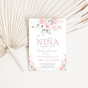 Convite espanhol para chá de bebê rosa blush floral, convite Es Niña para chá de bebê em espanhol