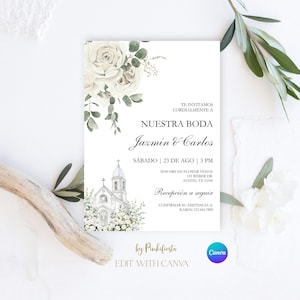 May include: A wedding invitation with a white background, featuring floral accents and text. The design includes white roses and greenery in the upper left corner and a church illustration at the bottom. The invitation text reads "Nuestra Boda Jazmin & Carlos" and includes event details.