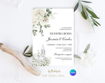 Wedding Invitation in Spanish: Floral Curch Canva Template (Instant Download)