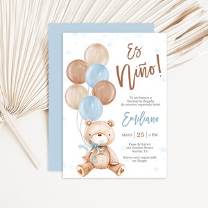 Spanish Bear Baby Shower Boy Uitnodiging, Invitación para Baby shower de oso para niño, es niño