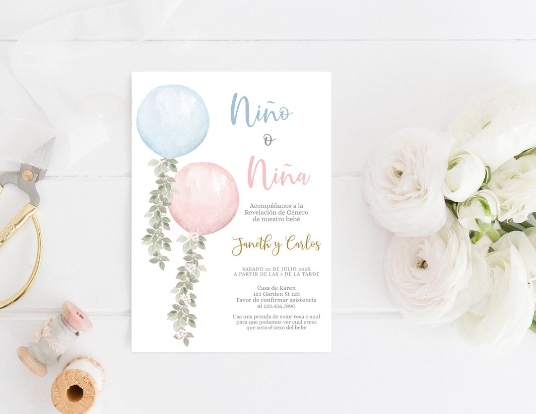 Spanish Gender Reveal Invitation Editable, Invitación De Revelación De