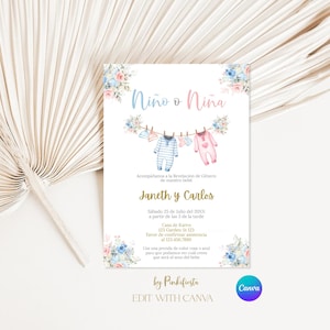 Gender Reveal Invitation in Spanish: Clothesline Design (Canva Editable Digital Download)