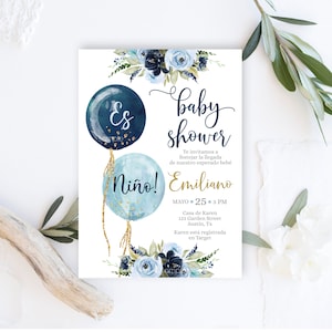 Spaanse Baby Shower Boy uitnodigen, marineblauwe jongen Spaanse uitnodiging, Invitación Baby Shower para niño