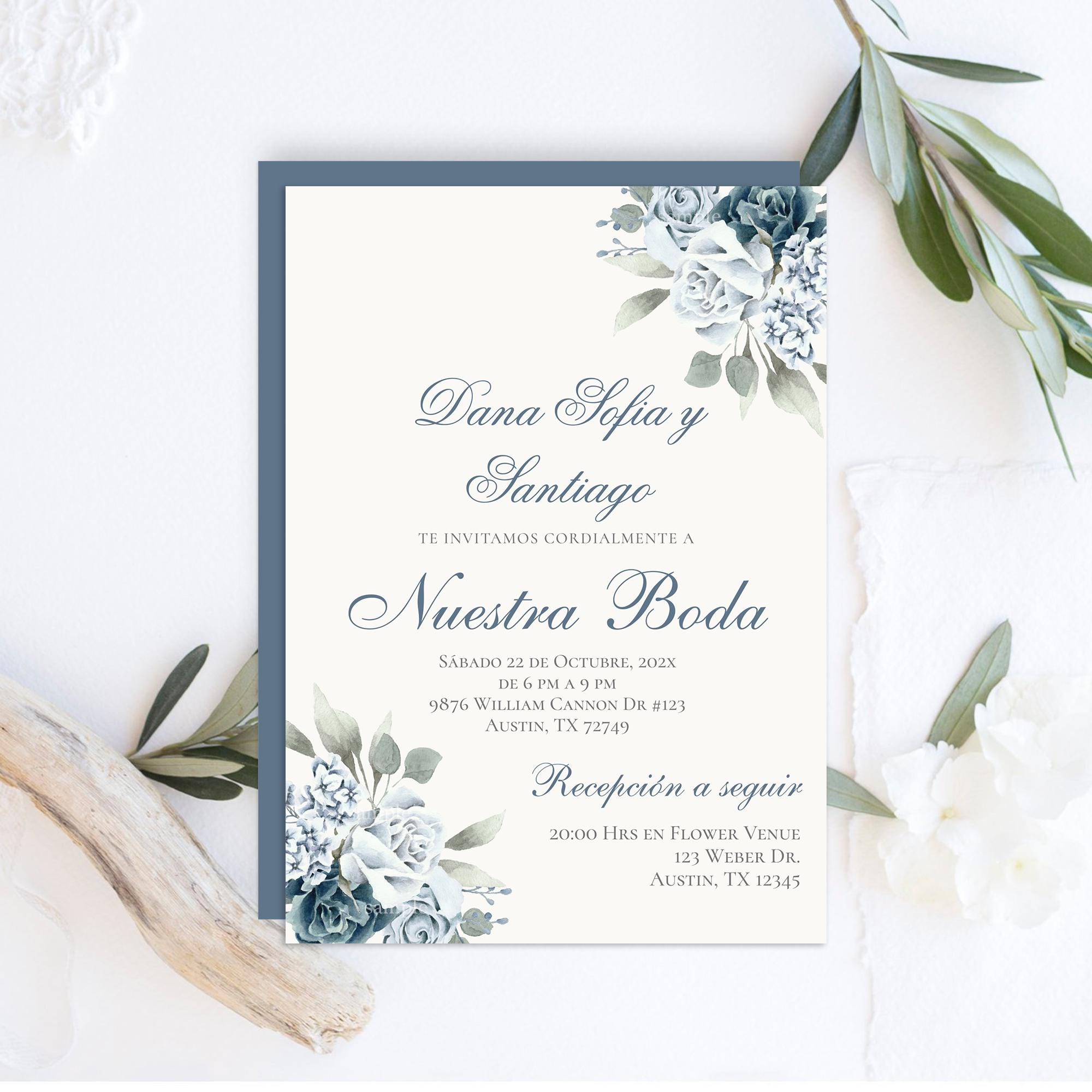 Dusty Blue Wedding Invitation in Spanish, Invitación Para Boda En Dusty Blue Wedding Invitation in Spanish, Invitación Para Boda En