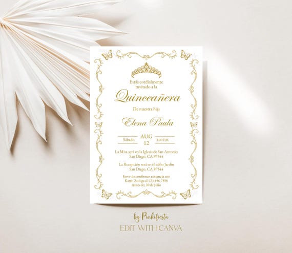 Quinceanera Invitation in Spanish: Gold Butterflies Mis Quince invite (Digital Download) Canva