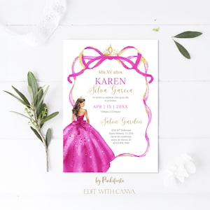 May include: A quinceañera invitation card with a watercolor illustration of a young woman in a pink gown. The invitation features gold text and a pink ribbon design, with the text "Mis XV años" at the top.