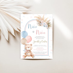 Invitation à révéler le sexe de l'ours espagnol modifiable, Invitation de révélation de genre en espagnol avec osito, Invitación Niño o Niña