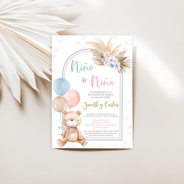 Spanish Bear Gender Reveal Invitation Editable, Invitación de Revelación de Género en Español con osito, Invitación Niño o Niña