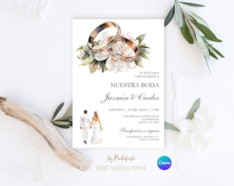 Invitación de boda en español: Plantilla de Canva con anillos florales (Descarga instantánea)