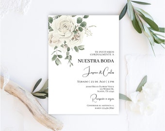 Greenery Spanish Wedding Invitation, Invitación para Boda en español con rosas blancas