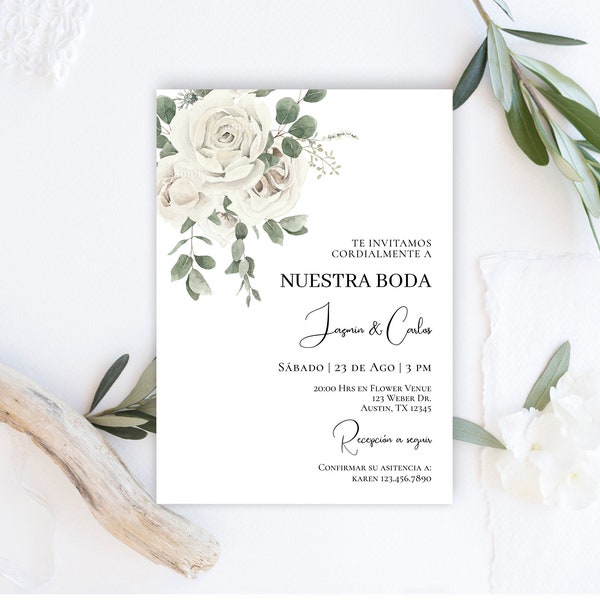 Greenery Spanish Wedding Invitation, Invitación para Boda en español con rosas blancas