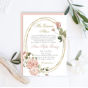Invitation Quinceanera en espagnol, Invitación para Quinceanera en español flores rosas
