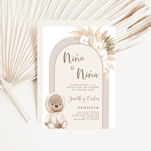 Faire-part de révélation de genre ours bohème modifiable, Invitación de Revelación de Género en Español con osito, Invitación Niño o Niña