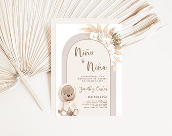 Boho Bear Gender Reveal Invitation in Spanish (Editable)