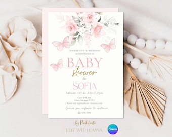 Può includere: Un invito per baby shower con uno schema di colori rosa e bianco. L'invito presenta illustrazioni floreali e di farfalle, con il testo "Baby Shower de Sofia" in oro. Sono inclusi i dettagli dell'evento e le informazioni di contatto.