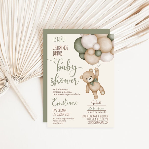 Spanish Teddy Bear Baby Shower Boy Green Invitation, Invitación para Baby shower de oso para niño en color verde