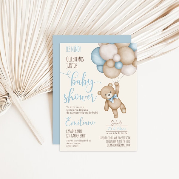 Spanish Teddy Bear Baby Shower Boy Invitation, Invitación para Baby shower de oso para niño