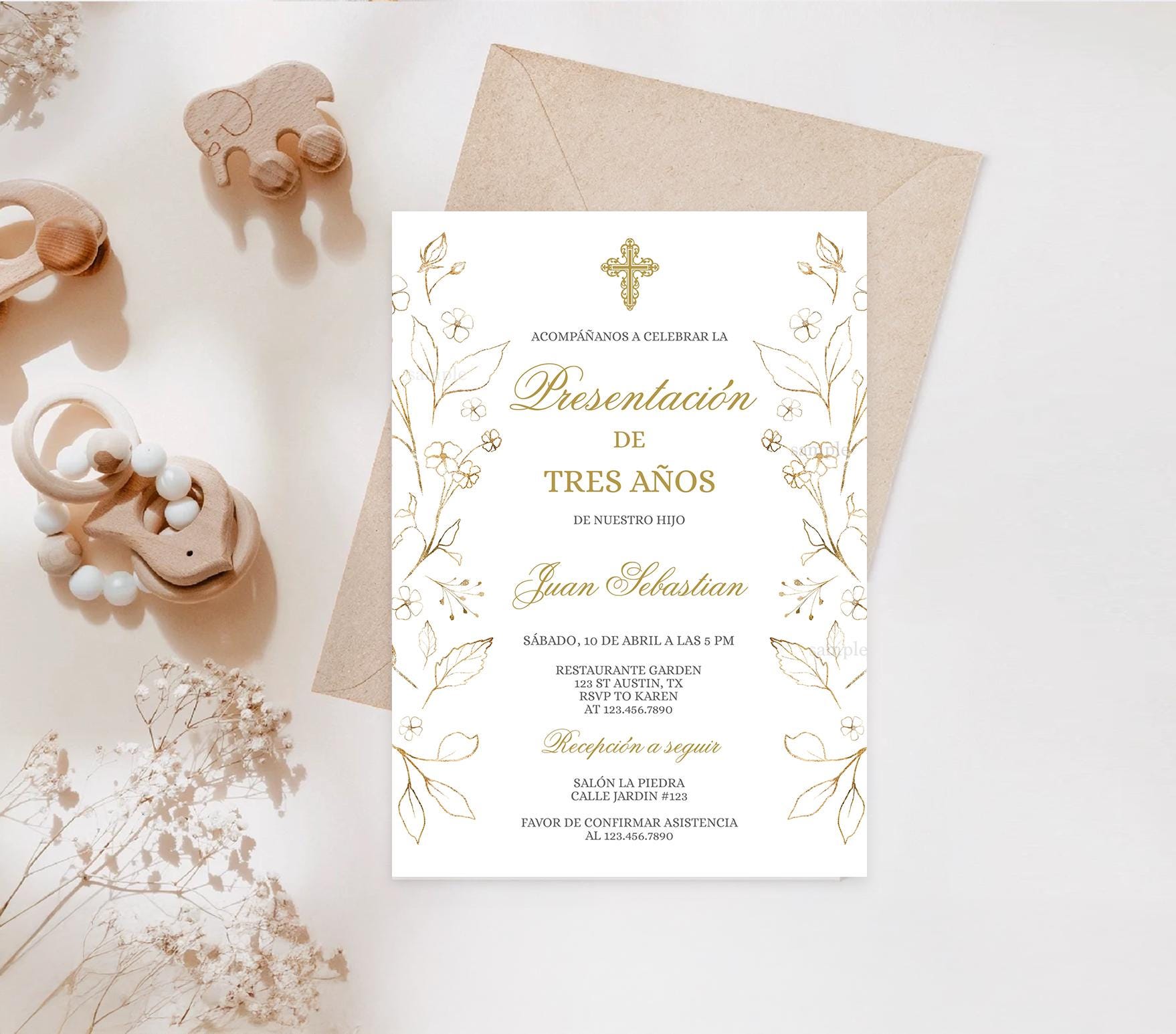 Presentación de tres años Spanish Invitation, Elegant Presentation Spanish invite, Invitación para presentación en español