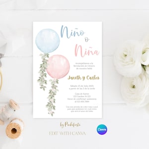 Gender Reveal Invitation in Spanish with Balloons: Canva template (Editable)