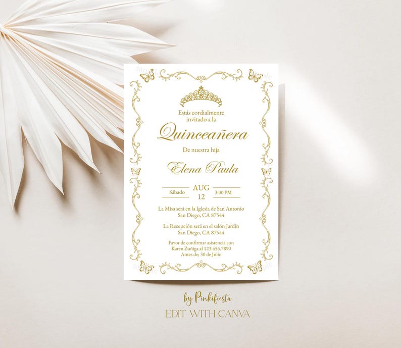 May include: A gold-colored invitation card for a Quincea&ntilde;era, featuring ornate floral and butterfly designs. The card includes the text "Est&aacute;s cordialmente invitado a la Quincea&ntilde;era" and event details. The text "EDIT WITH CANVA" is at the bottom.