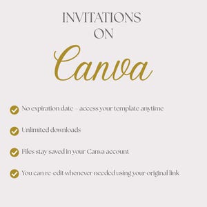 May include: A light beige graphic with the words "INVITATIONS ON Canva" in gold script. Below, bullet points highlight features: no expiration date, unlimited downloads, saved files, and editable templates.