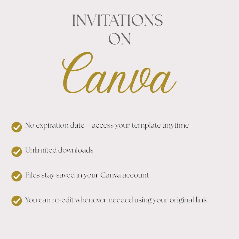 May include: A light beige graphic with the words "INVITATIONS ON Canva" in gold script. Below, bullet points highlight features: no expiration date, unlimited downloads, saved files, and editable templates.
