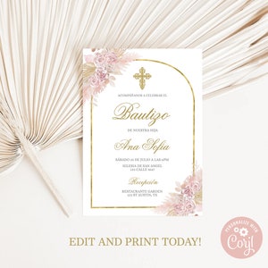 Boho doopsel Spaanse uitnodiging, roze boho doopsel in het Spaans voor meisje, Invitación para Bautizo en español para niña