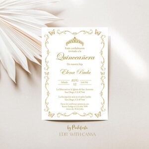 May include: A gold-colored invitation card for a Quincea&ntilde;era, featuring ornate floral and butterfly designs. The card includes the event details, such as the date, time, and location, with the text "Quincea&ntilde;era" prominently displayed. The text "EDIT WITH CANVA" is at the bottom.
