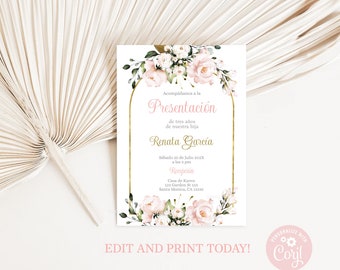 Presentación de tres años Spanish Invitation, Pink boho Presentation Spanish for Girl, Invitación para presentación en español para niña