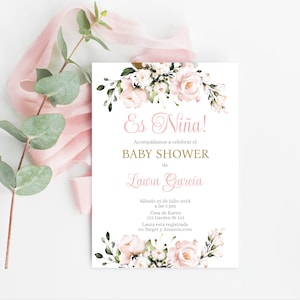 Spanish Baby Shower Girl blush pink floral Invitation, Es Niña invitación para Baby Shower en Español