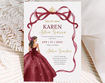 Burgundy Quinceanera Invitation in Spanish: Canva Editable template (Digital Download)