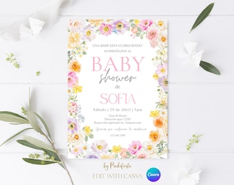 Pastel Floral Baby Shower Invitation in Spanish: Canva Editable template (Digital Download)