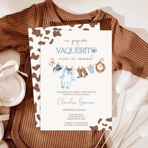 Invito Vaquerito Cowboy Blue Baby Shower in spagnolo, Vaquerito en camino invitación en español