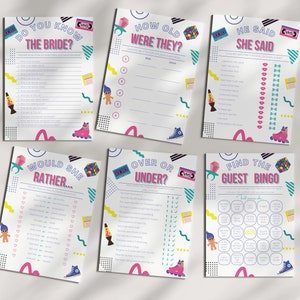 Könnte beinhalten: Sechs weiße Papierbögen mit farbenfrohen Grafiken und Text für ein Brautparty-Spiel. Die Blätter haben ein Retro-Thema der 80er und 90er Jahre mit geometrischen Formen, Rollschuhen und Kassetten. Der Text enthält "Do You Know The Bride?" und "Find The Guest Bingo."