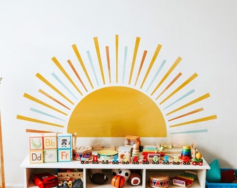 Décalcomanie murale colorée jaune demi-soleil, décalcomanie murale soleil, décalcomanie murale de chambre d'enfant Décalcomanie murale soleil de chambre d'enfants Sticker mural soleil Sticker mural arc-en-ciel