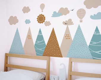 Mountains and Hot Air Balloons Wall Decal: Pastel Nursery Decor