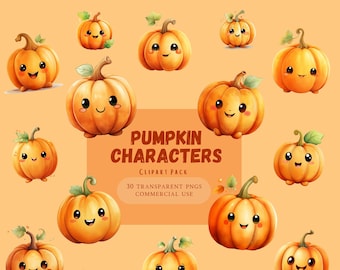 Pumpkin Characters Clip Art, Pumpkin Clipart, Watercolor Fall Decor, Cute Halloween Clipart Bundle, Jack-O-Lantern, Autumn, Thanksgiving