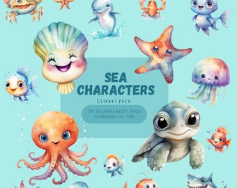 Meeresfiguren ClipArt, Unterwasser-Aquarell-Clipart, süße Meerestiere PNG, Oktopus, Qualle, Seestern, Schildkröte, Babyparty, Babyzimmer