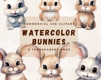 Watercolor Bunnies Clipart, Bunny, Spring Clipart, Easter Clip Art, Rabbit, Stickers, Cards, Print, POD, Commercial Use, Transparent PNGs