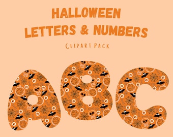 May include: Halloween-themed clipart pack featuring the letters A, B, and C. The letters are filled with a repeating pattern of pumpkins, bats, spiderwebs, and skulls on an orange background. The text "Halloween Letters & Numbers Clipart Pack" is displayed above.