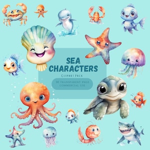 Zee Karakters Clip Art, Onderzeese Aquarel Clipart, Schattige Oceaan Dieren PNG, Octopus, Kwal, Zeester, Schildpad, Baby Shower, Baby kamer