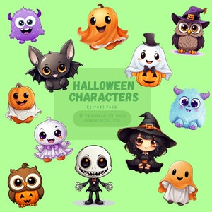 Halloween Karakters Clip Art, Vriendelijke Halloween Karakters, Halloween Clipart, Cartoon Monsters, Digitale Download, Halloween Bundel