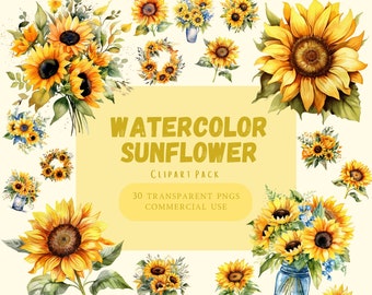 Sunflowers Clip Art, Watercolor Sunflowers Clipart Bundle, Floral Bouquets, Wedding, Sunflower PNG, Watercolor Bouquets, Instant Download