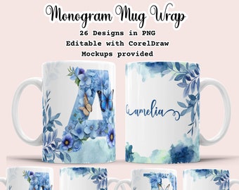 Taza de sublimación de café con monograma (PNG), diseño de mariposa, con alfabeto floral de 26 letras (PNG), con diseños de inicial y nombre, plantilla de 11 onzas y 15 oz