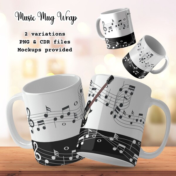 Music Notes Sheet Sublimation Design Guitar Mug Png Digital Mug Wrap Template Guitar Gifts For Him Coffee Mug Design 11oz 15oz Mug Template